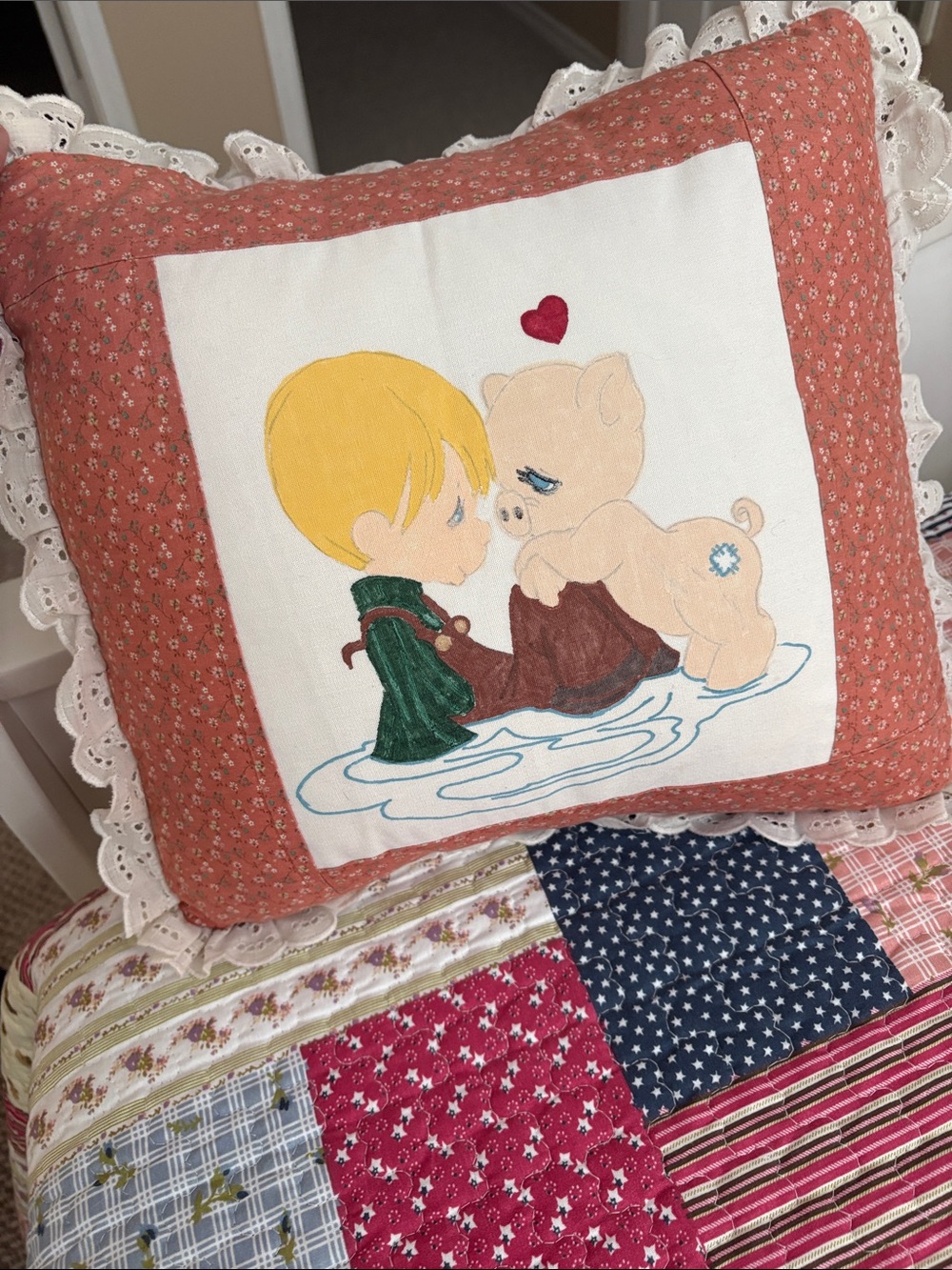 Vintage Precious Moments Boy and Pig Painted Pillow